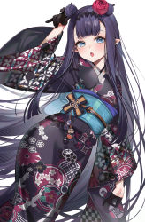 Rule 34 | 1girl, :o, black gloves, black kimono, blue eyes, blunt bangs, blush, double bun, floral print, flower, gloves, hair bun, hair flower, hair ornament, hand up, highres, hololive, hololive english, japanese clothes, kimono, long hair, machi (7769), mole, mole under eye, ninomae ina&#039;nis, ninomae ina&#039;nis (new year), obi, official alternate costume, open mouth, pointy ears, purple hair, red flower, red rose, rose, sash, solo, takodachi (ninomae ina&#039;nis), very long hair, virtual youtuber