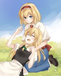 Rule 34 | 2girls, alice margatroid, blonde hair, blue dress, blue eyes, blush, bow, braid, capelet, closed eyes, closed mouth, commentary request, dress, flower, frilled hairband, frills, green bow, hair bow, hairband, kirisame marisa, lap pillow, lolita hairband, long hair, multiple girls, no headwear, on grass, open mouth, outdoors, raki (for03ge), red hairband, shoes, short sleeves, side braid, single braid, sitting, skirt, smile, touhou, white capelet, yuri