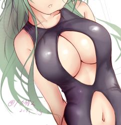 Rule 34 | 10s, 1girl, alternate breast size, arms behind back, bad id, bad twitter id, bare arms, bikini, black bikini, black one-piece swimsuit, breasts, cleavage cutout, close-up, clothing cutout, dutch angle, franz (217franz), green hair, head out of frame, kantai collection, large breasts, long hair, navel, navel cutout, one-piece swimsuit, shiny clothes, signature, simple background, solo, swimsuit, twitter username, white background, yamakaze (kancolle)