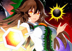 Rule 34 | 1girl, arm cannon, bad id, bad twitter id, bird wings, black wings, blouse, brown hair, buttons, center frills, collared shirt, control rod, frilled shirt collar, frills, highres, long hair, puffy short sleeves, puffy sleeves, qqqrinkappp, red eyes, reiuji utsuho, shirt, short sleeves, solo, third eye, touhou, traditional media, weapon, white shirt, wings