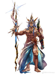 Rule 34 | 1boy, abs, absurdres, animal skull, armlet, bara, barefoot, beard, blue hair, crown, dark-skinned male, dark skin, facial hair, front ponytail, frown, full body, gold necklace, hat feather, highres, holding, holding staff, huge weapon, jewelry, konohanaya, large pectorals, long hair, looking at viewer, low-tied sidelocks, male focus, mature male, muscular, muscular male, navel, navel hair, necklace, original, pectorals, planted, sanpaku, skull pauldron, solo, staff, stomach, tachi-e, tattoo, thick eyebrows, tribal, tribal tattoo, vambraces, weapon