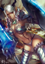 Rule 34 | 1girl, armor, armored boots, bikini armor, boots, castanic, dark skin, dark-skinned female, fur, lance, lipstick, long hair, looking at viewer, makeup, navel, pauldrons, pointy ears, polearm, shield, shoulder armor, solo, tera online, vambraces, weapon, white hair, wuduo, yellow eyes