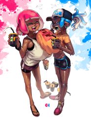 Rule 34 | 2girls, alternate breast size, bare arms, bare legs, bare shoulders, baseball cap, bendy straw, bike shorts, black shorts, blue hair, blunt bangs, breasts, closed eyes, commentary, cup, dark-skinned female, dark skin, disposable cup, drinking straw, dripping, eigaka, english commentary, fangs, flip-flops, hat, highres, holding, huge breasts, inkling, inkling girl, inkling player character, legs, mask, multiple girls, nintendo, open mouth, oppai loli, perspective, pink hair, pointy ears, sandals, shiny skin, shoes, short hair, short shorts, short sleeves, shorts, side slit, side slit shorts, single vertical stripe, sneakers, standing
