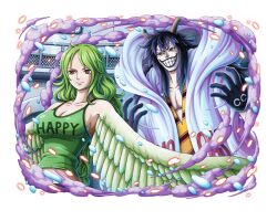 Rule 34 | 1boy, 1girl, black hair, breasts, caesar clown, cleavage, closed mouth, commentary, crop top, english commentary, feathered wings, feathers, gloves, green hair, harpy, horns, large breasts, long hair, monet (one piece), monster girl, navel, official art, one piece, one piece treasure cruise, smile, smirk, teeth, wings, yellow eyes