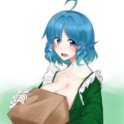 Rule 34 | 1girl, ahoge, blue hair, blush, box, breasts, cleavage, collarbone, drill hair, drill sidelocks, fins, green background, green kimono, head fins, highres, holding, japanese clothes, kimono, large breasts, looking at viewer, open mouth, purple eyes, short hair, sidelocks, solo, touhou, two-tone background, upper body, wakasagihime, white background, yuno (kitsune)