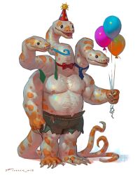 Rule 34 | 1boy, artist name, balloon, brown shorts, dated, full body, hat, highres, holding, holding balloon, original, party hat, rope, shiny skin, shorts, simple background, snake boy, snake head, snake tail, solo, standing, tail, taran fiddler, torn clothes, torn shorts, white background