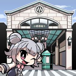 Rule 34 | 1girl, black jacket, blazer, blue sky, bow, bowtie, cevio, crosswalk, day, double bun, flipped hair, grey hair, grey hoodie, hair bun, hood, hood down, hoodie, jacket, jacket over hoodie, koharu rikka, long sleeves, looking at viewer, lowres, moyasiwhite, one eye closed, open clothes, open jacket, open mouth, otaru (hokkaido), outdoors, outline, outstretched arms, pink bow, pink bowtie, pink eyes, real world location, second-party source, shopping district, short hair, sky, smile, solo, spread arms, synthesizer v, upper body, wall lamp, wide shot