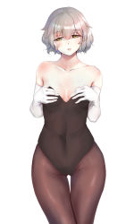Rule 34 | 1girl, absurdres, bare shoulders, black leotard, body blush, breasts, brown pantyhose, collarbone, commentary request, covered navel, cowboy shot, elbow gloves, fei mao, gloves, gluteal fold, groin, groin tendon, hair between eyes, half-closed eyes, hands on own chest, hands up, highres, legs together, leotard, looking at viewer, original, pantyhose, parted lips, playboy bunny, round teeth, short hair, shoulder blush, silver hair, simple background, small breasts, solo, standing, strapless, strapless leotard, teeth, thigh gap, upper teeth only, white background, white gloves