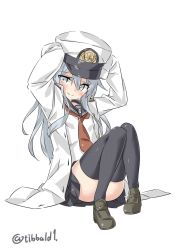 Rule 34 | 10s, 1girl, alternate headwear, anchor symbol, arms up, bad id, bad twitter id, black footwear, black skirt, black thighhighs, blush, buttons, closed mouth, ebifurya, epaulettes, eyebrows, full body, grey eyes, hair between eyes, hat, hibiki (kancolle), highres, inactive account, jacket, kantai collection, knees together feet apart, knees up, loafers, long hair, looking at viewer, neckerchief, open clothes, open jacket, oversized clothes, peaked cap, school uniform, serafuku, shoes, sidelocks, silver hair, simple background, sitting, skirt, sleeves past wrists, smile, solo, thighhighs, twitter username, white background