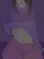 Rule 34 | bete noire, breasts, brown hair, clothes, clothes lift, glitchtale, pink hair, pink shirt, pink skirt, purple shirt, shirt, short hair, showing stomach, skirt, smile