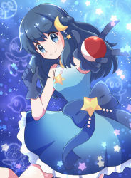 Rule 34 | 1girl, bare arms, blue dress, blue eyes, blue hair, blush, bow, closed mouth, commentary request, creatures (company), crescent, crescent hair ornament, dawn (pokemon), dress, eyelashes, game freak, gloves, gradient dress, hair ornament, haru (haruxxe), highres, holding, holding poke ball, long hair, looking at viewer, nintendo, poke ball, poke ball (basic), pokemon, pokemon (anime), pokemon journeys, pokemon swsh075, sleeveless, sleeveless dress, smile, solo, split mouth, star (symbol)