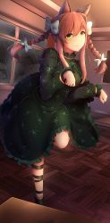 Rule 34 | 1girl, absurdres, animal ears, bow, braid, brown hair, cat ears, commentary, cosplay, doki doki literature club, dress, english commentary, eyes visible through hair, frilled dress, frills, green dress, green eyes, hair between eyes, hair bow, highres, indoors, juliet sleeves, kaenbyou rin, kaenbyou rin (cosplay), long hair, long sleeves, looking at viewer, monika (doki doki literature club), paw pose, puffy sleeves, rain, sidelocks, solo, standing, standing on one leg, touhou, tsukimaru, twin braids, white bow