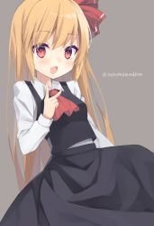 Rule 34 | 1girl, alternate hair length, alternate hairstyle, ascot, black skirt, black vest, blonde hair, blush, commentary request, fang, grey background, hair ribbon, hand up, highres, long hair, long sleeves, looking at viewer, momomaron, open mouth, red ascot, red eyes, red ribbon, ribbon, rumia, shirt, simple background, skin fang, skirt, solo, touhou, twitter username, upper body, v, very long hair, vest, white shirt