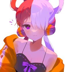 Rule 34 | 1girl, :3, bad id, bad twitter id, bare shoulders, black shirt, breasts, cleavage, closed mouth, hair over one eye, hair rings, headphones, highres, inactive account, long hair, looking at viewer, multicolored hair, notice lines, off shoulder, one piece, one piece film: red, purple eyes, purple ribbon, red hair, ribbon, ruu poppo, shirt, simple background, smile, solo, split-color hair, twintails, two-tone hair, upper body, uta (one piece), white background, white hair