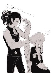 1boy 1girl ? adjusting_another&#039;s_hair adjusting_hair alternate_hairstyle chair closed_eyes commentary_request felix_hugo_fraldarius fire_emblem fire_emblem:_three_houses garreg_mach_monastery_uniform hair_down hairband highres looking_back lysithea_von_ordelia mamegohan monochrome nintendo sitting