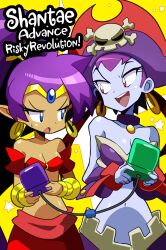 Rule 34 | 2girls, bare shoulders, blue eyes, cable, colored skin, earrings, game boy advance sp, game link cable, handheld game console, hat, highres, jewelry, multiple girls, navel, open mouth, pirate, pirate hat, purple hair, red eyes, risky boots, sakurajyousui nami, shantae, shantae (series), teeth, tiara, tongue, upper body