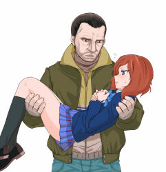 Rule 34 | 1boy, 1girl, ahoge, black legwear, blazer, brown eyes, brown hair, carrying, commentary request, crossover, facial hair, flying sweatdrops, grand theft auto, grand theft auto iv, hands on own chest, jacket, kaiyuna, lipstick, looking at another, love live!, love live! school idol project, makeup, name connection, niko bellic, nishikino maki, otonokizaka school uniform, pleated skirt, princess carry, pun, purple eyes, red hair, school uniform, shoes, short hair, simple background, skirt, socks, stubble, sweatdrop, white background
