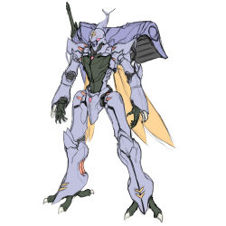 Rule 34 | dunbine, fantasy, insect wings, magaki ryouta, mecha, no humans, open hands, pink eyes, robot, seisenshi dunbine, sheath, sheathed, sketch, solo, standing, sword, weapon, white background, wings