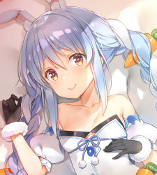 Rule 34 | 1girl, animal ear fluff, animal ears, black gloves, blue hair, braid, breasts, buttons, carrot, carrot hair ornament, cleavage, closed mouth, collarbone, eyebrows, food-themed hair ornament, gloves, hair between eyes, hair ornament, hololive, long braid, long hair, looking at viewer, lying, official art, rabbit ears, rabbit girl, small breasts, smile, solo, symbol-shaped pupils, twin braids, usada pekora, usada pekora (1st costume), virtual youtuber, yuuki hagure
