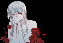 Rule 34 | 1girl, black background, closed mouth, flower, flower in eye, grey hair, highres, interlocked fingers, long hair, looking at viewer, original, own hands together, red eyes, red flower, red rose, rose, self-harm, simple background, solo, symbol in eye, tsu (lovesick1964), wrist cutting