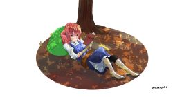 Rule 34 | 1girl, 1other, copyright name, gloves, helck, highres, pisa cake, piwi, pointy ears, red hair, short hair, signature, tree, vermilio (helck)