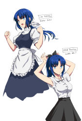 Rule 34 | 1girl, alternate costume, alternate hair length, alternate hairstyle, apron, armpits, blue eyes, breasts, ciel (tsukihime), clenched hands, english text, high ponytail, highres, long hair, low ponytail, medium breasts, multiple views, oceanbellereine, smile, tsukihime, type-moon, white background