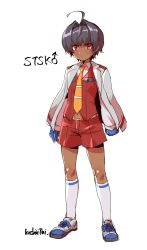 Rule 34 | 1boy, alien, black hair, child, closed mouth, commentary request, dark-skinned male, dark skin, decepticon, highres, humanization, jacket, kneehighs, koshii tai, looking at viewer, male focus, mars symbol, necktie, red eyes, red shorts, science fiction, shoes, shorts, signature, simple background, sneakers, socks, starscream, transformers, white background, white jacket, yellow necktie