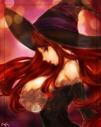 Rule 34 | 1girl, arched back, bare shoulders, blurry, bokeh, border, breasts, corset, depth of field, detached sleeves, dragon&#039;s crown, from side, hat, highres, lace trim, large breasts, lips, long hair, masamune (eight5050), profile, red eyes, red hair, sideboob, sideways glance, solo, sorceress (dragon&#039;s crown), upper body, very long hair, witch hat