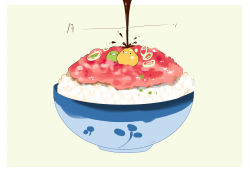 Rule 34 | artist name, bird, bowl, chai (drawingchisanne), commentary request, egg, egg (food), food, food focus, highres, no humans, original, pouring, rice, rice bowl, scrambled egg, signature, simple background, sitting on food, soy sauce, splashing, spring onion