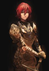 Rule 34 | 1girl, absurdres, armor, black background, commentary, english commentary, full armor, gold armor, hair between eyes, han soo-min (hanny), hanny (uirusu chan), highres, holding, holding sword, holding weapon, looking at viewer, original, planted, plate armor, red hair, short hair, smirk, solo, sword, tekken, tekken 7, weapon
