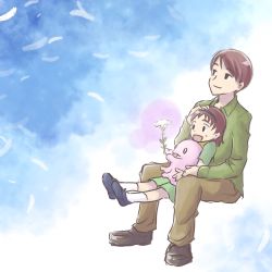 Rule 34 | digimon, father and daughter, flower, happy, highres, izumi koshiro, mochimon, patting, sitting, sitting on lap, sitting on person, smile