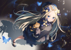 Rule 34 | 1girl, abigail williams (fate), black bow, black dress, black footwear, black hat, blonde hair, blue eyes, blush, bow, bug, butterfly, dress, fate/grand order, fate (series), forehead, hair bow, hat, highres, insect, long hair, long sleeves, looking at viewer, multiple hair bows, open mouth, orange bow, parted bangs, polka dot, polka dot bow, ribbed dress, shadow, sleeves past fingers, sleeves past wrists, solo, stuffed animal, stuffed toy, teddy bear, tsukise miwa
