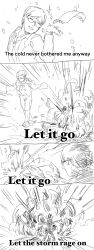 Rule 34 | 1girl, 4koma, closed eyes, comic, english text, explosion, frozen (disney), glasses, greyscale, highres, jacket, long sleeves, lyrics, monochrome, necktie, open clothes, open jacket, outstretched arm, outstretched arms, scarf, scp foundation, seneo, silhouette, simple background, sketch, sparkle, subtitled, walking, white background, wind