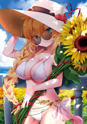 Rule 34 | 1girl, akai haato, bikini, blonde hair, blue eyes, braid, braided ponytail, breasts, cleavage, closed mouth, day, field, flower, flower field, hair flower, hair ornament, hat, highres, holding, holding flower, hololive, large breasts, long hair, looking at viewer, makinan, o-ring, o-ring bikini, round eyewear, solo, string bikini, sun hat, sunflower, sunflower field, sunglasses, swimsuit, very long hair, virtual youtuber, white bikini, white hat, yellow flower