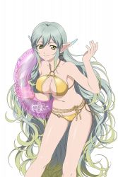 Rule 34 | 1girl, bikini, carrying, green eyes, innertube, long hair, multicolored hair, muzet (tales), o-ring, o-ring bikini, official art, pointy ears, simple background, smile, solo, swim ring, swimsuit, tales of (series), tales of link, tales of xillia, very long hair, white background, yellow eyes