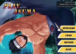 Rule 34 | 1boy, abs, ass, bara, beard, black hair, clothing aside, english text, facial hair, feet out of frame, forehead protector, from below, gameplay mechanics, konohagakure symbol, large pectorals, looking at viewer, male focus, masayoshi togashi (alu379), mature male, muscular, muscular male, naruto (series), navel, nipples, paid reward available, pectorals, pelvic curtain, pelvic curtain aside, sarutobi asuma, shiny skin, short hair, solo, stomach, thighs, topless male, upside-down