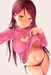 Rule 34 | 10s, 1girl, areola slip, beige background, black panties, breasts, breath, closed mouth, clothes lift, clothing cutout, commentary, cowboy shot, groin, hair ornament, hairclip, heart cutout, highres, large breasts, lifted by self, long hair, love live!, love live! sunshine!!, navel, no bra, no pants, panties, pink sweater, purple hair, reaching, reaching towards viewer, reno 0901, ribbed sweater, sakurauchi riko, selfie, side-tie panties, sidelocks, simple background, smile, solo, stomach, sweater, sweater lift, underwear, yellow eyes