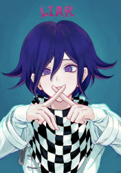 Rule 34 | 1boy, absurdres, bad id, bad twitter id, blue hair, checkered clothes, checkered neckwear, checkered scarf, commentary request, cross, crossed fingers, danganronpa (series), danganronpa v3: killing harmony, english text, finger to mouth, gradient background, hair between eyes, highres, index finger raised, layered sleeves, long sleeves, looking at viewer, male focus, oma kokichi, purple eyes, purple hair, scarf, short hair, solo, straitjacket, upper body, x fingers, yeon-eo