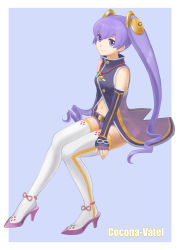 Rule 34 | 1girl, ar tonelico, ar tonelico iii, bare shoulders, cocona vatel, elbow gloves, female focus, fingerless gloves, full body, gloves, gust, hair ornament, jewelry, legs, long hair, midriff, navel, necklace, pendant, poppopoppo, purple eyes, purple hair, shorts, smile, solo, thighhighs, twintails, white thighhighs