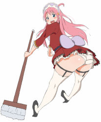 Rule 34 | + +, 00s, 1girl, ahoge, ass, black footwear, blush stickers, broom, elel185, frilled sleeves, frills, hair ornament, high heels, holding, holding broom, leaning forward, long hair, long sleeves, looking at viewer, looking back, maid headdress, nono (top wo nerae 2!), open mouth, panties, pink hair, ribbon, round teeth, shoes, simple background, smile, solo, symbol-shaped pupils, teeth, thighhighs, top wo nerae 2!, underwear, white background, white panties, white thighhighs
