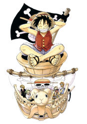 Rule 34 | 1girl, 4boys, anchor, black hair, blonde hair, bracelet, cigarette, crossed arms, east blue, flag, formal, from above, goggles, going merry, green hair, hair over one eye, haramaki, hat, highres, indian style, jewelry, jolly roger, leaning, monkey d. luffy, multiple boys, nami (one piece), oda eiichirou, official art, one piece, orange hair, overalls, perspective, pirate, railing, red vest, rope, roronoa zoro, sandals, sanji (one piece), scar, ship, shirt, shorts, sitting, smile, smoking, standing, straw hat, striped clothes, striped shirt, suit, tattoo, teeth, usopp, vest, watercraft, white shirt
