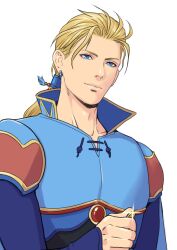 Rule 34 | 1boy, armor, blonde hair, blue cape, blue eyes, blue shirt, cape, closed mouth, coin, earrings, edgar roni figaro, final fantasy, final fantasy vi, hair slicked back, hair tie, highres, holding, holding coin, jewelry, light smile, long hair, long sleeves, looking at viewer, low ponytail, male focus, popped collar, sd supa, shirt, shoulder armor, solo, sparkle, upper body, white background
