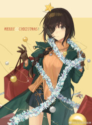 Rule 34 | 1girl, absurdres, bag, black skirt, braid, brown eyes, brown gloves, brown hair, chinese commentary, christmas, christmas ornaments, commentary request, cowboy shot, dinergate (girls&#039; frontline), eyepatch, garland (decoration), girls&#039; frontline, gloves, green jacket, hair over shoulder, highres, holding, holding bag, hongdou shuang pi nai jia mi, jacket, jewelry, long hair, long sleeves, m16a1 (girls&#039; frontline), merry christmas, mole, mole under eye, multicolored hair, necklace, open clothes, open jacket, red bag, scar, scar on face, shirt, single braid, skirt, solo, star (symbol), streaked hair, striped clothes, striped shirt, sweatdrop, vertical-striped clothes, vertical-striped shirt, weibo watermark, yellow background