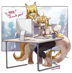 Rule 34 | 2girls, ahoge, animal ear fluff, animal ears, animal feet, artist name, black necktie, black pants, blonde hair, blurry, blurry background, body fur, brown fur, chair, closed mouth, collared shirt, commission, computer, cup, digitigrade, ears down, fox ears, fox girl, fox tail, full body, furry, furry female, green eyes, indoors, keyboard (computer), long hair, looking at another, looking at object, monitor, mouse (computer), mullmull02, multiple girls, necktie, original, pants, red eyes, shirt, short eyebrows, sitting, skeb commission, smile, solo, standing, table, tail, twitter username, white shirt, yellow fur