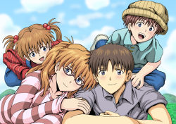 Rule 34 | 2boys, 2girls, :d, aged up, amai yadoraki, blue eyes, blue pants, blue sky, blush, brown hair, brown hat, child, cloud, collarbone, day, facing viewer, family, glasses, grey shirt, hair bobbles, hair ornament, hat, if they mated, ikari shinji, long hair, long sleeves, looking at viewer, lying, multiple boys, multiple girls, neon genesis evangelion, on stomach, open mouth, outdoors, overalls, pants, red-framed eyewear, red sweater, shirt, short sleeves, sky, smile, souryuu asuka langley, striped clothes, striped sweater, sweater, twintails