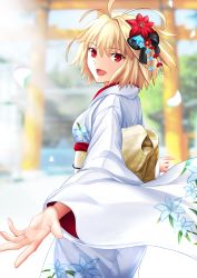 Rule 34 | 1girl, absurdres, arcueid brunestud, blonde hair, blush, breasts, floral print, hair ornament, harukey, highres, japanese clothes, kimono, large breasts, long sleeves, looking at viewer, looking back, new year, obi, open mouth, red eyes, sash, short hair, smile, solo, tsukihime, white kimono, wide sleeves