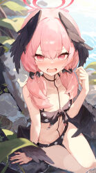 Rule 34 | 1girl, absurdres, bikini, black bikini, black wings, blue archive, blush, bow, collarbone, feathered wings, flat chest, floral print, hair bow, halo, head wings, highres, koharu (blue archive), koharu (swimsuit) (blue archive), looking at viewer, official alternate costume, outdoors, petite, pink eyes, pink hair, sitting, soaking feet, solo, swimsuit, toi1et paper, twintails, wings