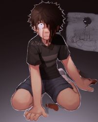 Rule 34 | 1boy, bleeding, blood, blood on face, blouse, brown hair, crying child (fnaf), dabi bill, deep wound, five nights at freddy&#039;s, five nights at freddy&#039;s 4, highres, injury, kneeling, shirt, short hair, shorts, solo, striped clothes, striped shirt, tears