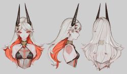 Rule 34 | 1girl, breasts, character sheet, colored inner hair, cropped torso, eyebrows hidden by hair, grey background, highres, horns, mahou arms, multicolored hair, multiple views, official art, orange eyes, orange hair, sideboob, silver hair, small breasts, softmode, v-shaped eyebrows, xerxes (mahou arms)
