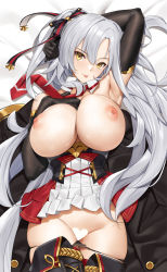 Rule 34 | 1girl, arm up, armpits, azur lane, black gloves, bow, breasts, censored, cowboy shot, detached collar, drake (azur lane), elbow gloves, frills, gloves, groin, hair bow, hand on own chest, hand up, heart, heart censor, highres, jacket, large breasts, long hair, looking at viewer, messy hair, necktie, nipples, sidelocks, smile, solo, thighs, tongue, tongue out, tony guisado, very long hair, white background